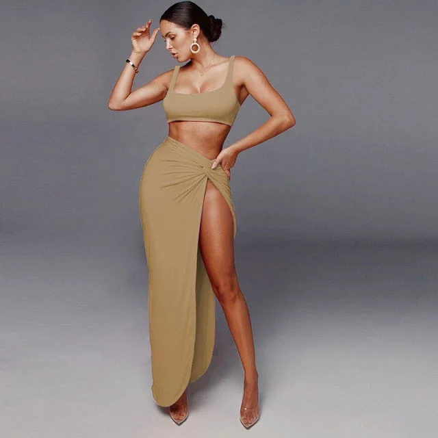 Sexy Crop Top Twist Side Split Long Skirts Matching Set Two Piece Outfit Nylon Fabric Polyester Fabric Spandex Fabric Sexy Crop Top Twist Side Split Long Skirts Matching Set Two Piece Outfit Nylon Fabric Polyester Fabric Spandex Fabric