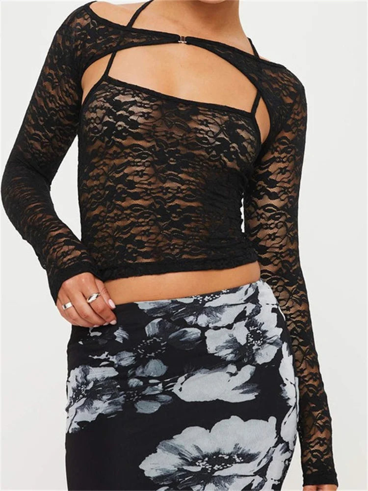 Women Lace Spaghetti Strap Sleeveless Backless See Through Mini Vest with Long Sleeve Shrugs 2024 New Crop Top Elasticated Padded Insulated Women Lace Spaghetti Strap Sleeveless Backless See Through Mini Vest with Long Sleeve Shrugs 2024 New Crop Top Elasticated Padded Insulated