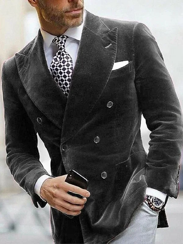 Men's Velvet Preppy Evening Party Wedding Groomsmen Banquet Dinner Peaked Lapel Slim Fit Double Breasted Six-buttons Blazer Jacket Knit Fabric Woven Fabric Fleece Fabric