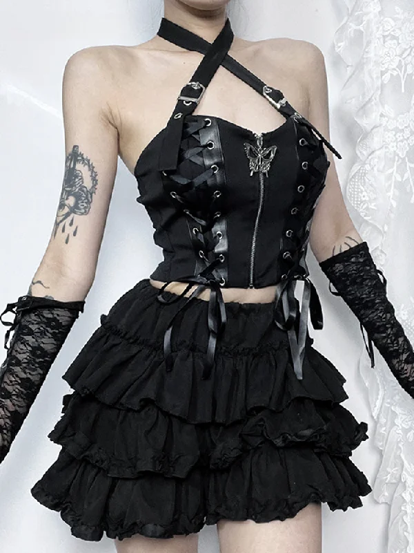 Gothic Harajuku Cyber Punk Zipper Crop Top Solid Print Embellished