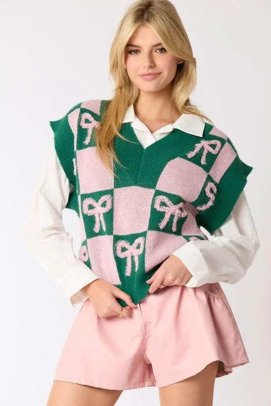 Pink Bow Checkered Green Sweater Nylon Fabric Polyester Fabric Spandex Fabric