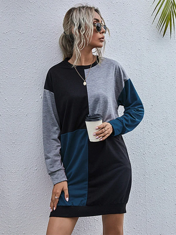 Blue Zone Planet |  Long-sleeved color block round neck sweater dress Wool Fabric Cashmere Fabric Tweed Fabric