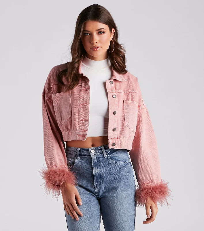 Luxe Touch Marabou Denim Crop Jacket Notch Collar Jacket Peter Pan Collar Jacket Cowl Neck Jacket