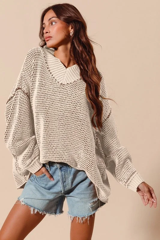 Two Toned Perfection Oatmeal Sweater Turtle Neck Boat Neck Asymmetrical Neck