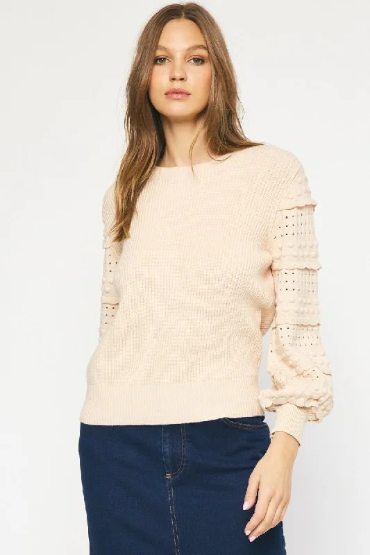 Sweet Ruffles Oatmeal Textured Sweater Solid Print Embellished