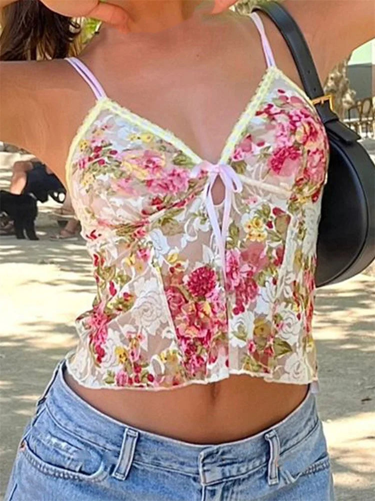 Women Spaghetti Strap Top Floral Print V-neck Front Split Tie-Up Sleeveless Summer Slim Fit Mini Vest 2024 Crop Top Knit Fabric Woven Fabric Fleece Fabric Women Spaghetti Strap Top Floral Print V-neck Front Split Tie-Up Sleeveless Summer Slim Fit Mini Vest 2024 Crop Top Knit Fabric Woven Fabric Fleece Fabric