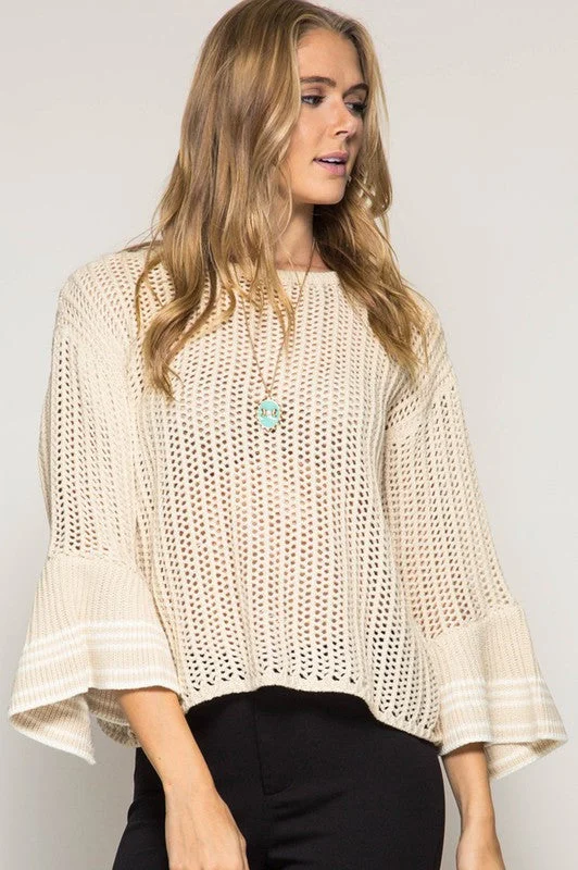 Bell Sleeve Sweater W/ Stripe Detail Iron Safe Non-Iron Wrinkle Free