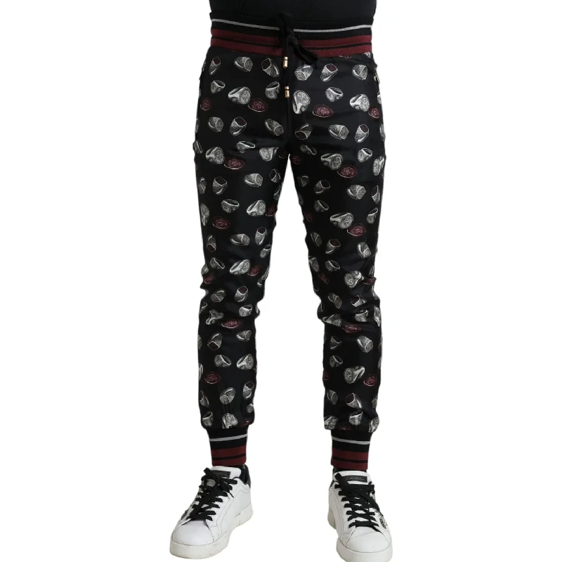 Dolce & Gabbana Elegant Silk Jogging Trousers with Ring Print Trousers Designer Luxury