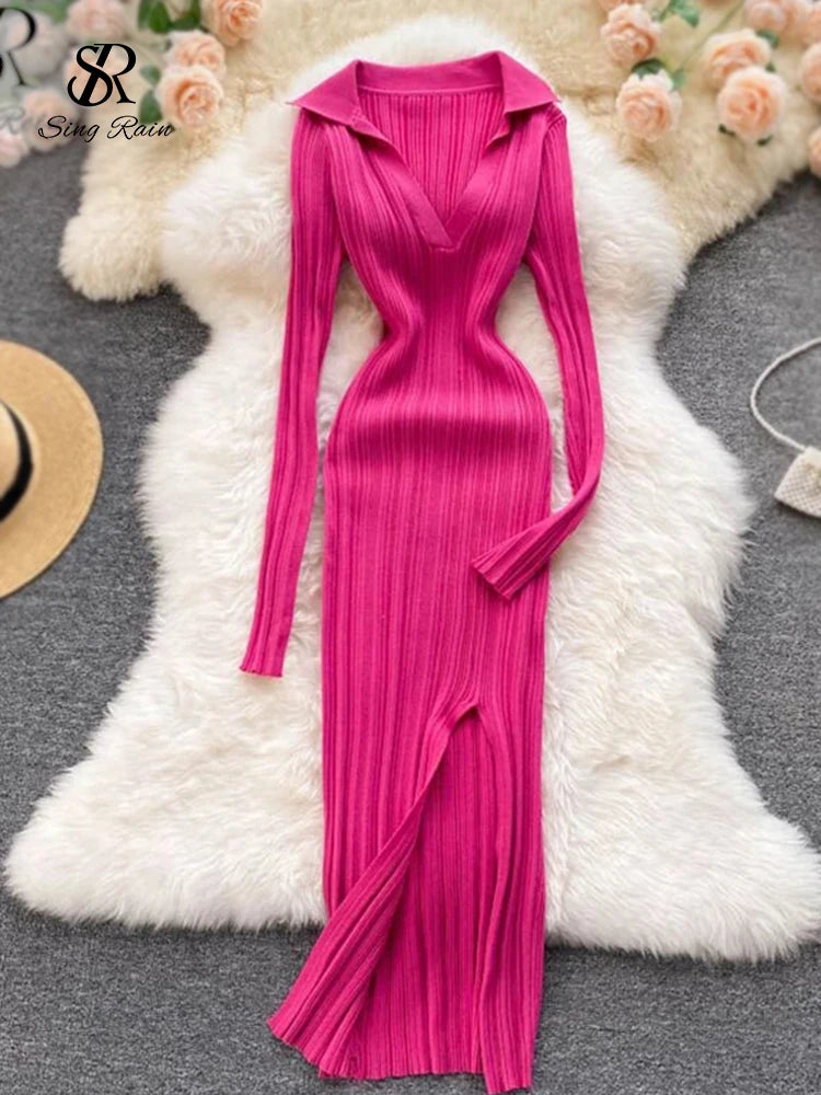Yipinpay Women Korean Knitted Dress Long Sleeve V Neck Elastic Slim Pencil Dresses 2024 Autumn Sexy Bodycon Split Sweater Dress Fitted Slim Tailored Yipinpay Women Korean Knitted Dress Long Sleeve V Neck Elastic Slim Pencil Dresses 2024 Autumn Sexy Bodycon Split Sweater Dress Fitted Slim Tailored