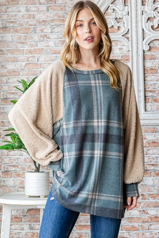 Jade Plaid Contrast Pullover Short Sleeve Top