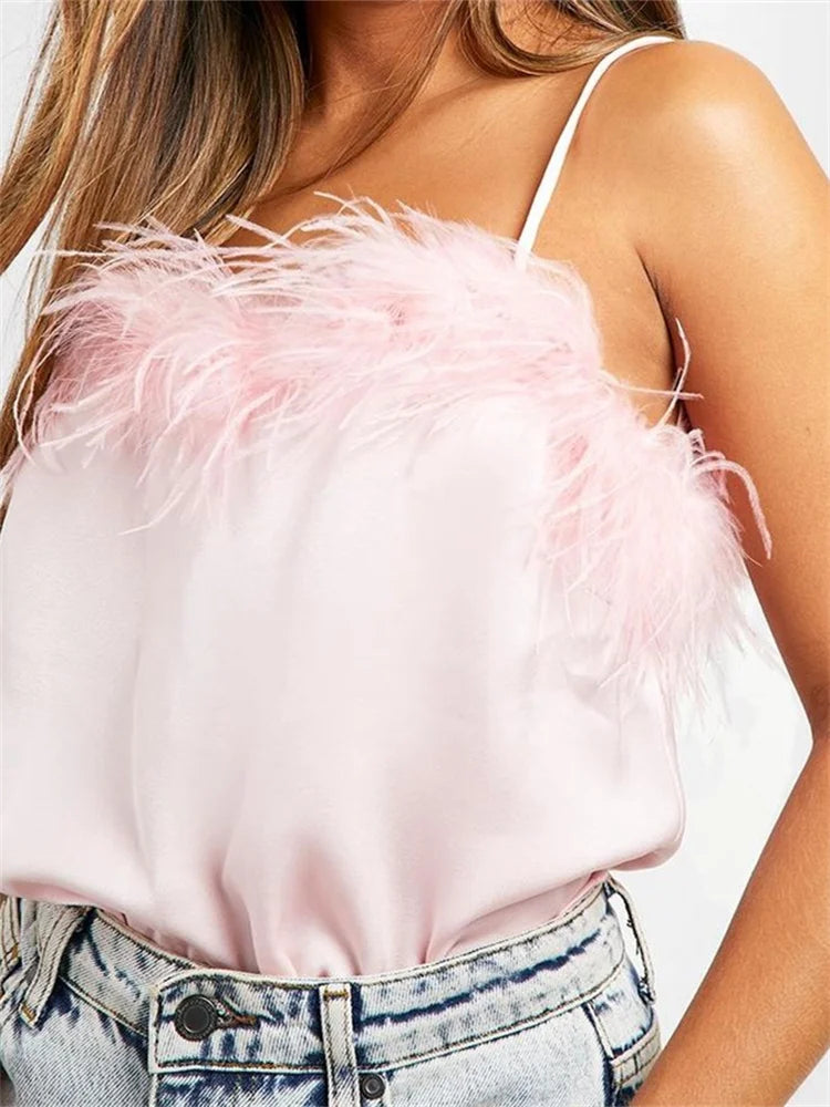 Sexy Women Elegant Sleeveless Strap Fur Patchwork Summer Vest Party Club Streetwear Solid Color 2024 Crop Top Terry Blend Velvet Blend Canvas Blend