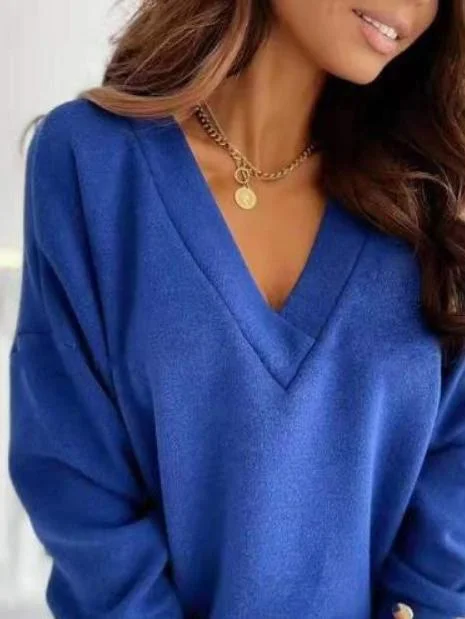 Button Cuff V-Neck Knit Pullover Fine Merino Wool