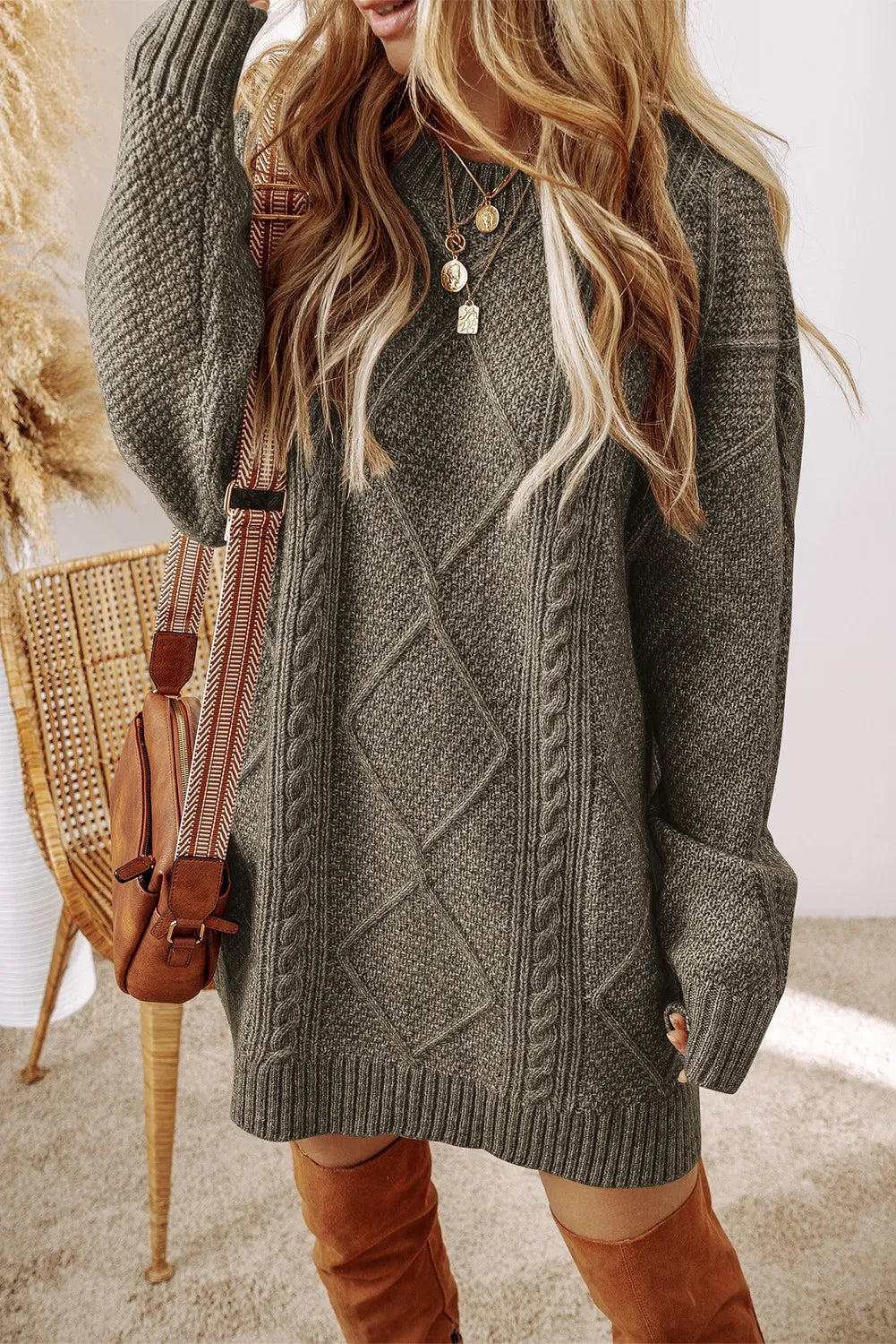 Cable-Knit Round Neck Sweater Dress Wool Sweater Cotton Sweater Cashmere Sweater