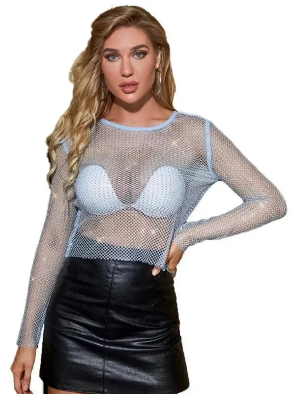Embellish Sheer Fishnet Women Crop Top Cotton Fabric Linen Fabric Terry Fabric
