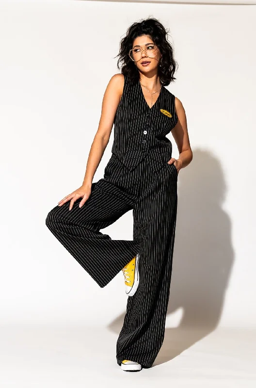Wide Leg Trousers in Boss B*tch Pinstripe (Black) Trousers Velvet Soft