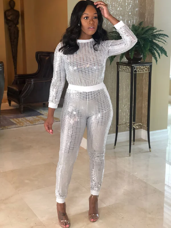 Two Piece Sequin Long Sleeve Pullover & Pants Chenille Soft Sweater