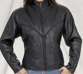 Ladies Heavy Duty Split Leather V Lace Braid Biker Jacket with Round Collar Welt Pockets Slit Pockets Flap Pockets Ladies Heavy Duty Split Leather V Lace Braid Biker Jacket with Round Collar Welt Pockets Slit Pockets Flap Pockets