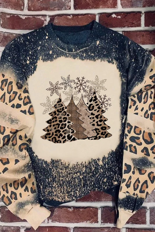 Black Christmas Tree Leopard Color Block Pullover Sweatshirt Notched Neck Pullover