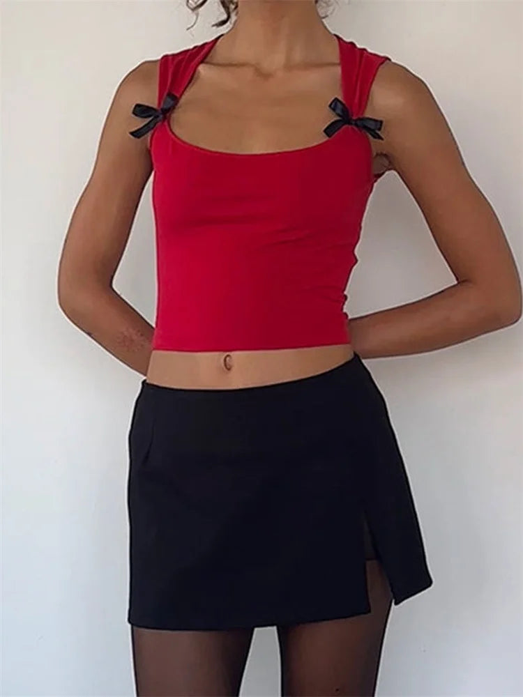 Bowknot Patchwork Sleeveless Low Cut Mini Vest Summer Fashion Slim Fit Cropped Streetwear 2024 Crop Top Spandex Blend Rayon Blend Denim Blend Bowknot Patchwork Sleeveless Low Cut Mini Vest Summer Fashion Slim Fit Cropped Streetwear 2024 Crop Top Spandex Blend Rayon Blend Denim Blend
