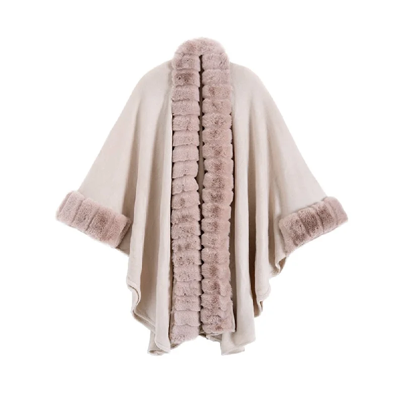 Classic Oversized Knit Coat With Artificial Rabbit Fur Collar - Elegant Pullover Cloak in Monochrome Solo Sleeve Pullover