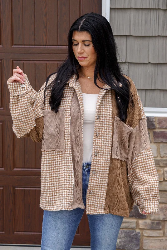 Mocha Houndstooth Colorblock Sweater Shacket Bright Pastel Dark