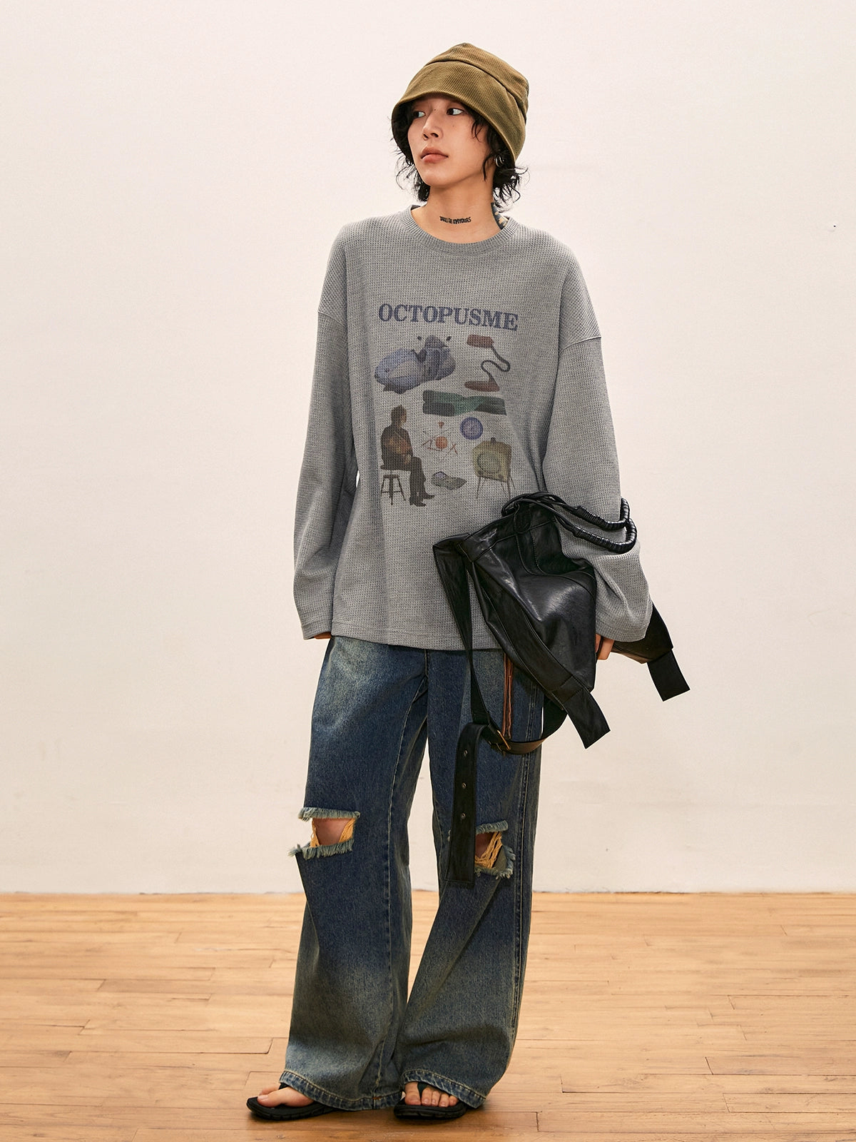 octopusme Oversized Graphic Sweatershirt Boat Neck Shawl Collar Notched Collar