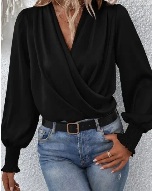 V-neck Pullover Long Sleeve Blouse Black Thin Wool Pullover