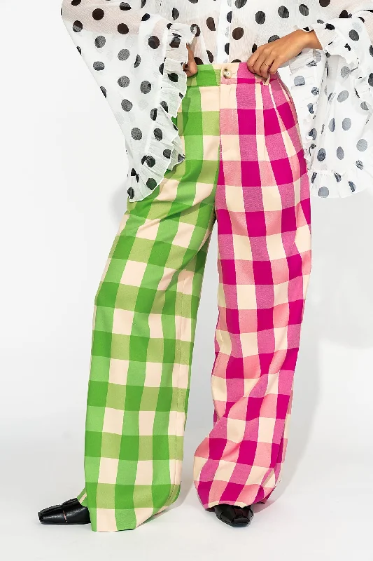 Gemini Half & Half Trousers in Pink + Green Trousers Print Floral