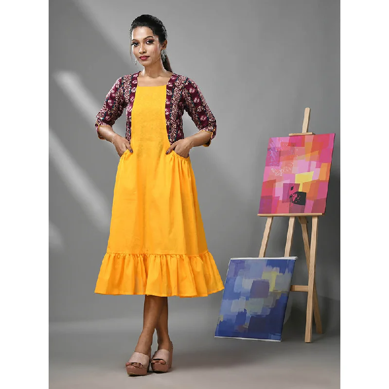 CHARUKRITI Yellow Cotton Ruffled Dress with Printed Attached Jacket Bomber Jacket Anorak Windbreaker CHARUKRITI Yellow Cotton Ruffled Dress with Printed Attached Jacket Bomber Jacket Anorak Windbreaker