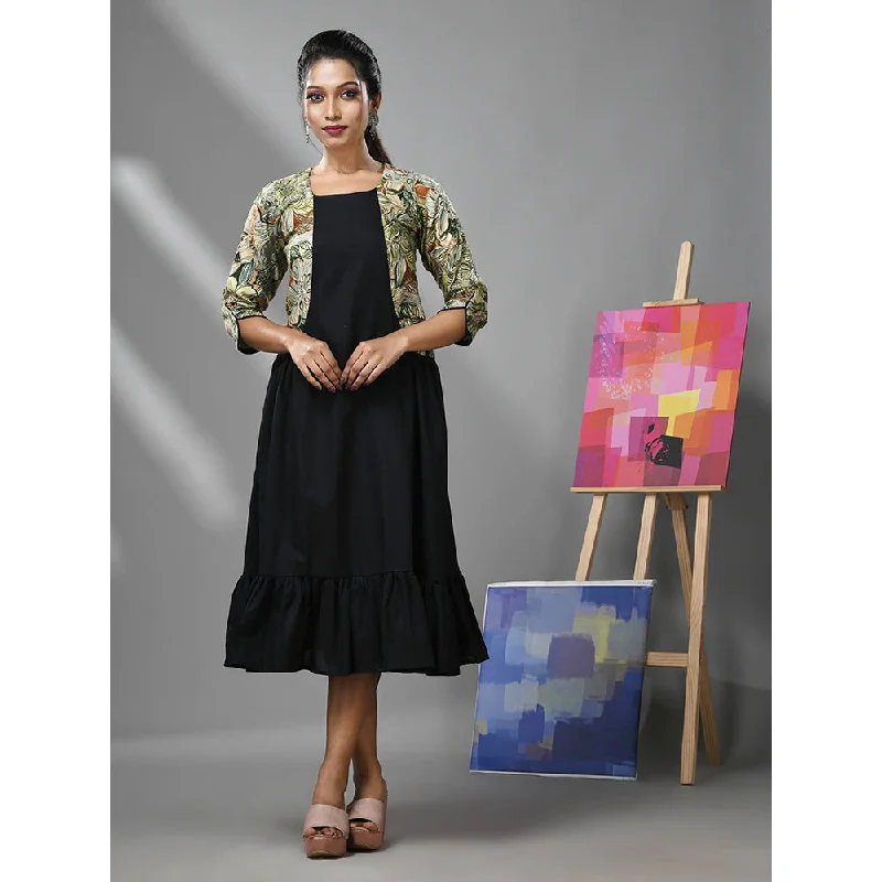 CHARUKRITI Black Cotton Ruffled Dress with Printed Attached Jacket Denim Jacket Leather Jacket Suede Jacket CHARUKRITI Black Cotton Ruffled Dress with Printed Attached Jacket Denim Jacket Leather Jacket Suede Jacket