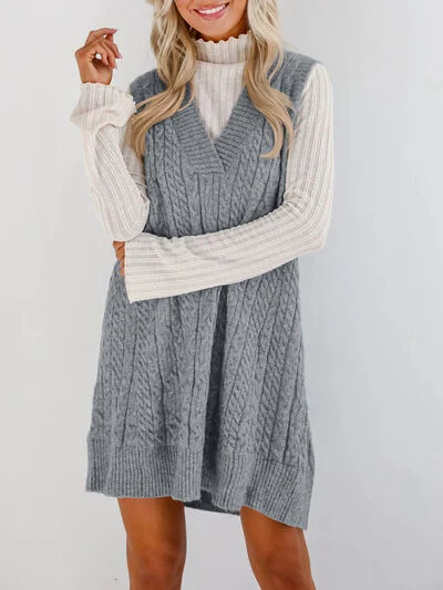 Cable Knit V-Neck Mini Sweater Overall Dress Mesh Blend Leather Blend Suede Blend