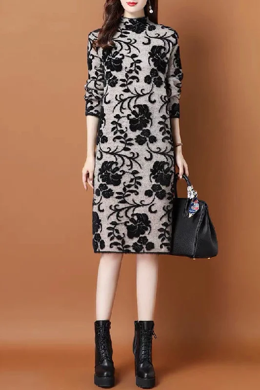 Trendy Print Sweater Dress Solid Color Striped Floral Print