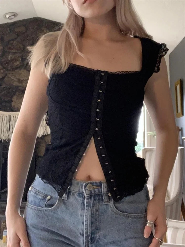 90s Vintage Black Lace Corsets Chic Retro Y2K Fiarycore Grunge Vest Sexy Buttons Up Slim Fit Clubwear Crop Top Embroidered Appliqued Beaded 90s Vintage Black Lace Corsets Chic Retro Y2K Fiarycore Grunge Vest Sexy Buttons Up Slim Fit Clubwear Crop Top Embroidered Appliqued Beaded