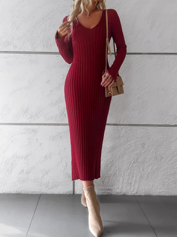 Blue Zone Planet |  Women's new style elegant solid color v-neck long-sleeved sweater dress Stretchy Elastic Breathable