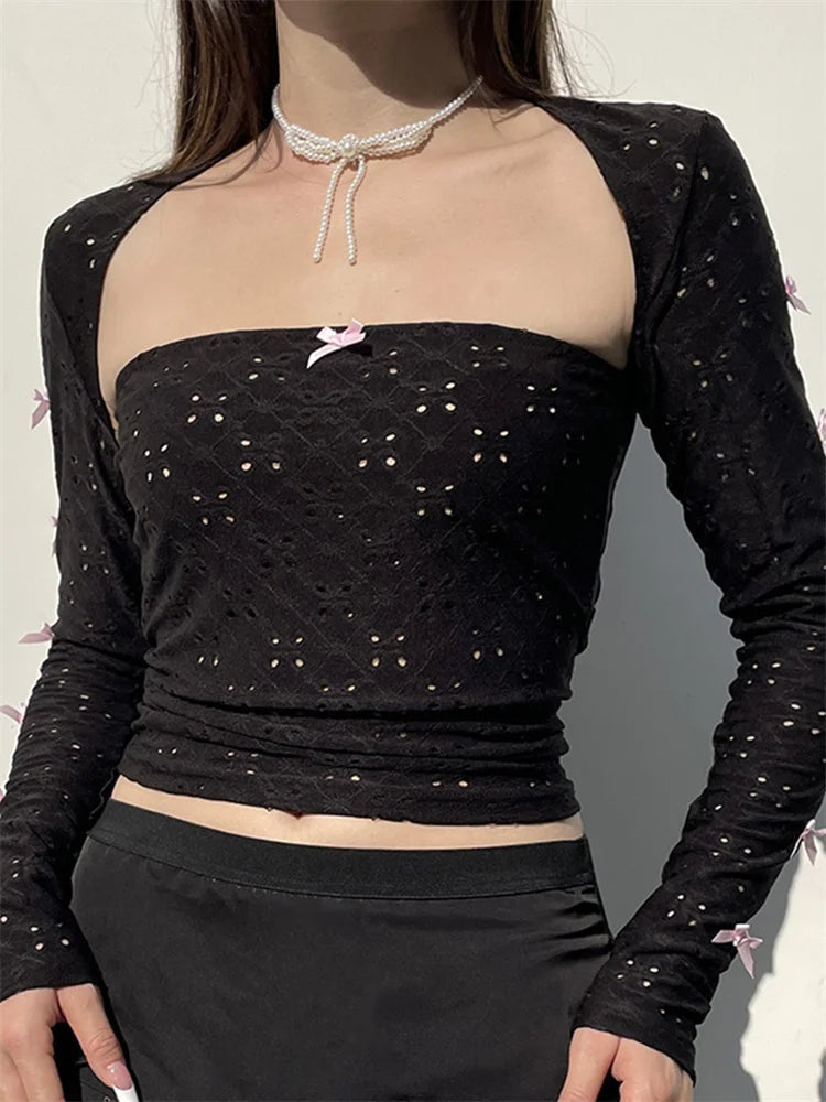 Retro Summer Lace Hollow Out Tube with Long Sleeve Shrug Outfits Bowknot Patchwork Clubwear Crop Top Polka Dot Checkered Tartan