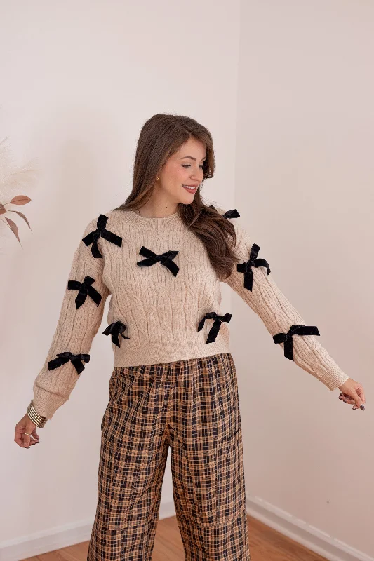 Cable Knit Bows Oatmeal Sweater Mesh Sweater Canvas Denim