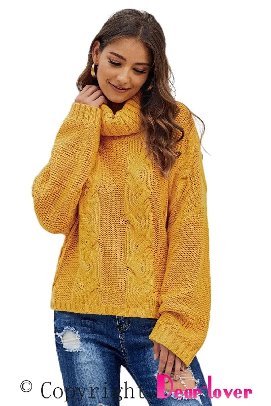 Autumn Cable Knit Turtleneck Pullover Tight Sleeve Top