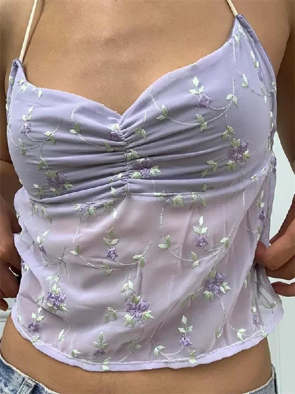 Backless Floral Vintage Sexy Halter Tie Up Off Shoulder Camisole Cute Mini Streetwear Crop Top Summer Crop Top Casual Short Sleeve