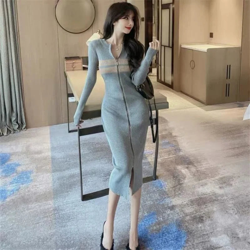 Yipinpay Hip Contrast Grey Black Striped Dress Women Robe Casual Wild Vestidos Knitted Zipper Dress 2023 Ropa Sweater Pencil Rayon Fabric Velvet Fabric Corduroy Fabric Yipinpay Hip Contrast Grey Black Striped Dress Women Robe Casual Wild Vestidos Knitted Zipper Dress 2023 Ropa Sweater Pencil Rayon Fabric Velvet Fabric Corduroy Fabric