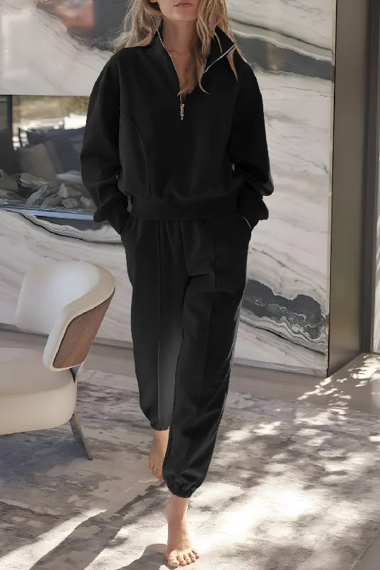 Black Half Zip up Pullover Active Top and Joggers Set Oblong Neck Pullover
