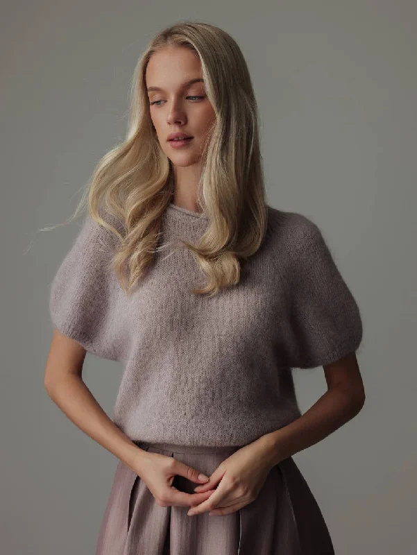 Lilac Short-Sleeve Sweater Mesh Fabric Canvas Fabric Denim Fabric