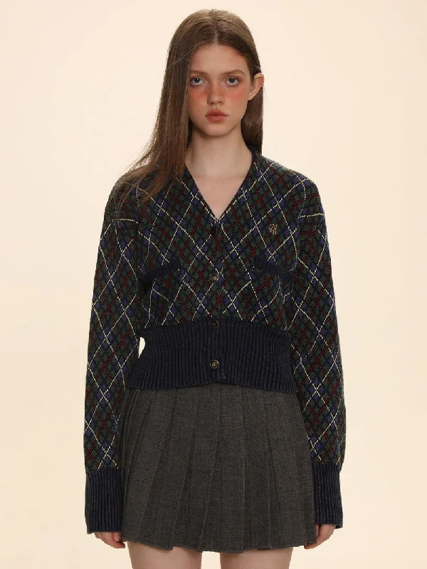 Vintage Argyle Polo-Neck V-Neck Feminine Sweater Spandex Rayon Corduroy