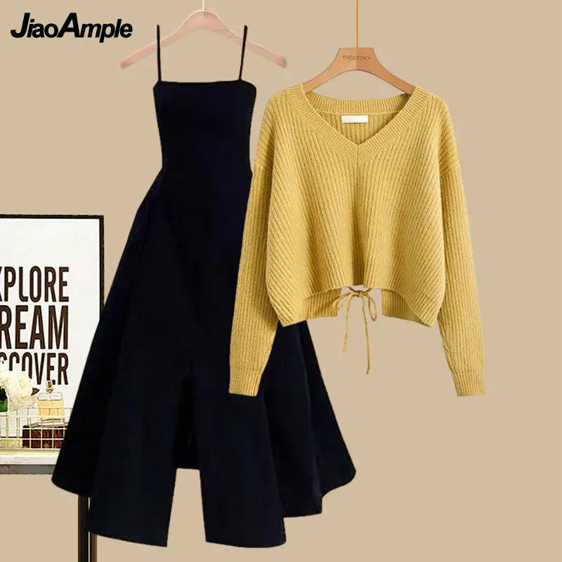 Yipinpay Women's Spring Autumn Suit Korean Elegant New Fashion V-Neck Knit Sweater Blouse+Sling Waist Dress Two Piece Female Skirt Set Zippered Front Buttoned Front Snap Front Yipinpay Women's Spring Autumn Suit Korean Elegant New Fashion V-Neck Knit Sweater Blouse+Sling Waist Dress Two Piece Female Skirt Set Zippered Front Buttoned Front Snap Front