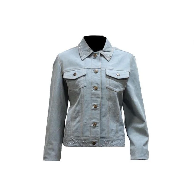 Ladies Genuine Leather Denim Look Jacket with Studs Front Pockets Side Pockets Patch Pockets