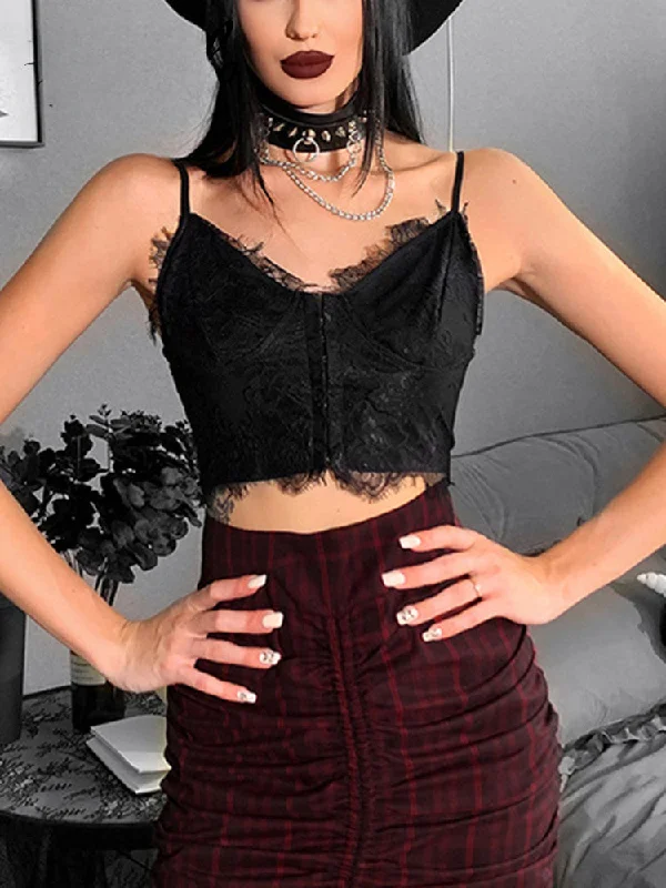 Gothic Punk Sexy Fairy Grunge V-neck Dark Lace Crop Top Fleece Nylon Spandex