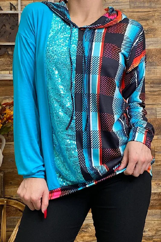 FW9887Multi color/ sequin and plaid pullover Short Sleeve Top