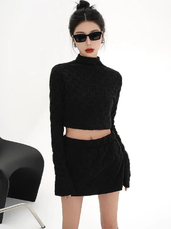 Black Ribbed Turtleneck Crop Top - Long Sleeve Fitted Mock Neck Sweater Neon Metallic Matte Black Ribbed Turtleneck Crop Top - Long Sleeve Fitted Mock Neck Sweater Neon Metallic Matte