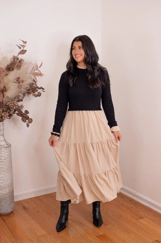 Black Sweater Layered Maxi Dress Elasticated Padded Insulated