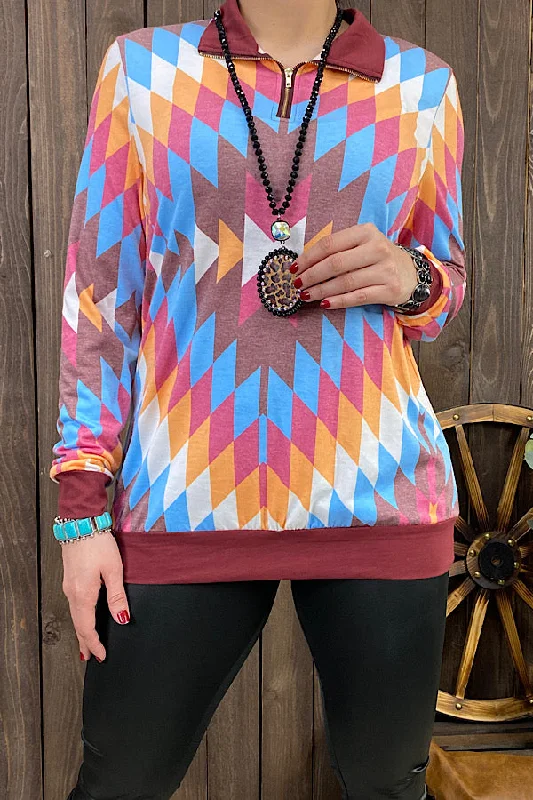 XCH9577 Multi color Aztec printed zipper pullover Set Sleeve Pullover