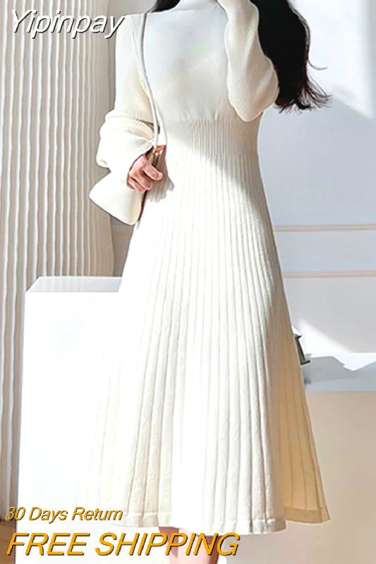 Yipinpay Fashion Midi Knitted Dress Women Elegant Chic Half High Collar Sweater Dress Autumn Warm Casual Slim Y2k Party Dress 2023 Cotton Fabric Linen Fabric Terry Fabric Yipinpay Fashion Midi Knitted Dress Women Elegant Chic Half High Collar Sweater Dress Autumn Warm Casual Slim Y2k Party Dress 2023 Cotton Fabric Linen Fabric Terry Fabric